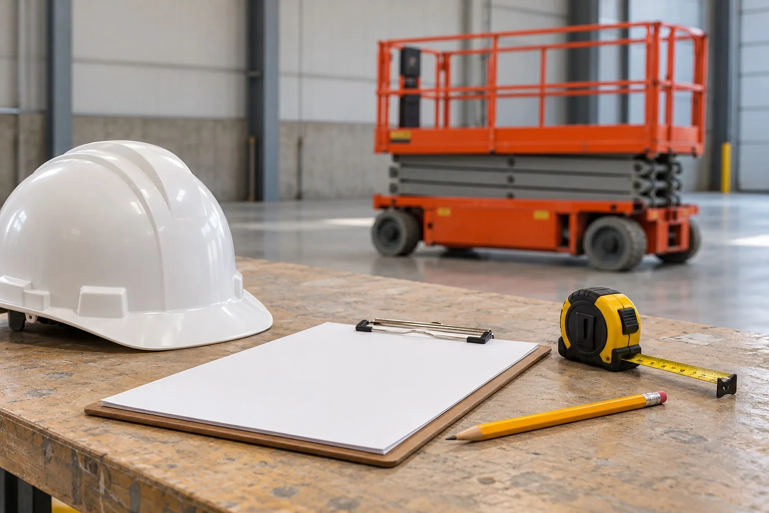 Klemmbrett, Maßband, Stift und Schutzhelm auf einem Arbeitstisch vor einer abgesenkten Arbeitsbühne.